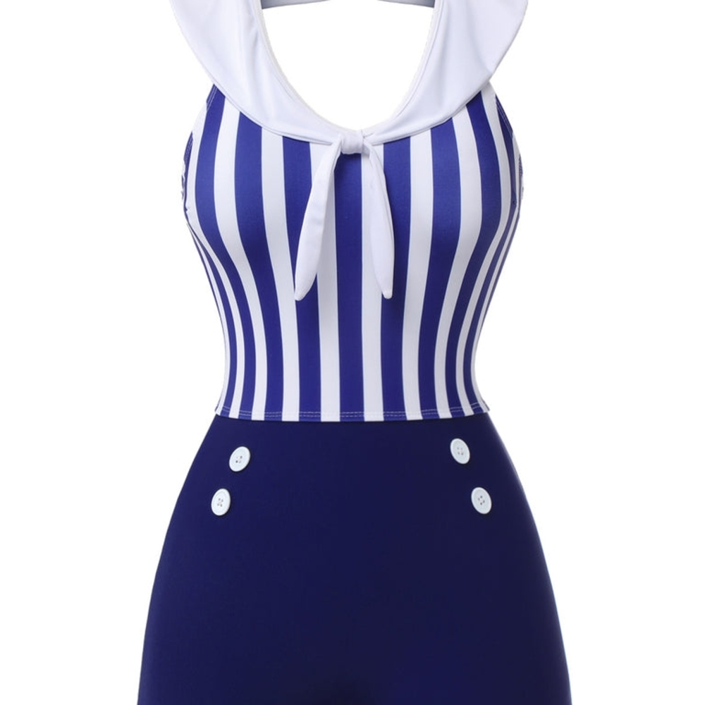 Blue and White Striped One Piece Swimsuit with Halter Neck 1950s RETRO STAGE - Picture 5 of 6